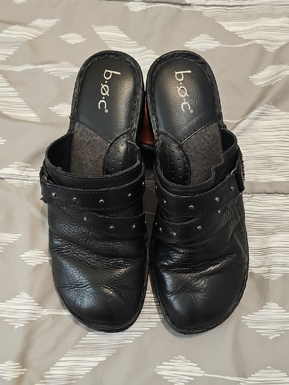 b.o.c. Black Leather Studded Clog Mules